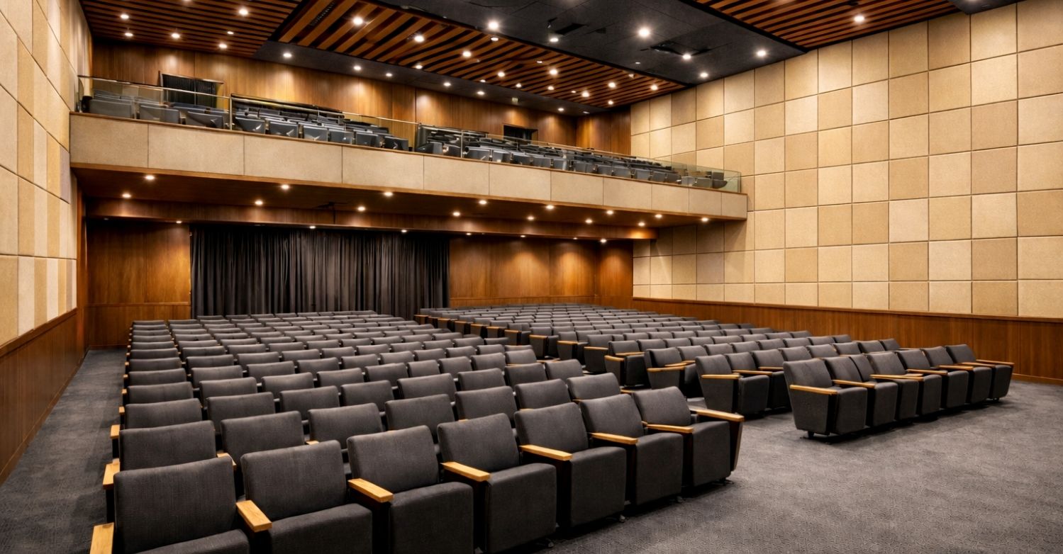 Acoustic ceiling baffles for auditorium echo and reverberation control